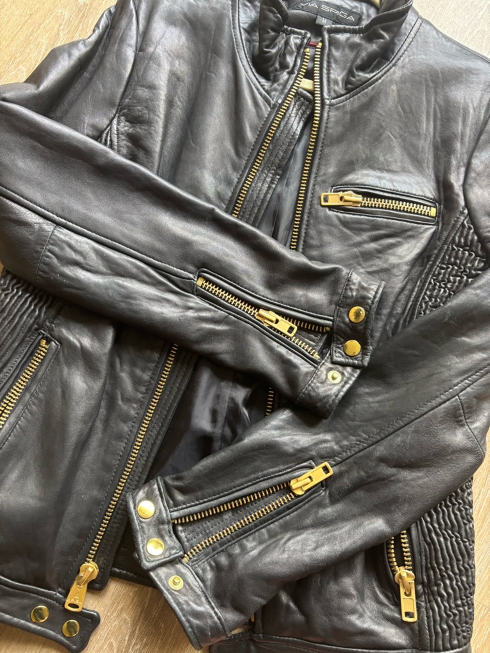 Via Spiga Black Leather Jacket with Gold Zippers